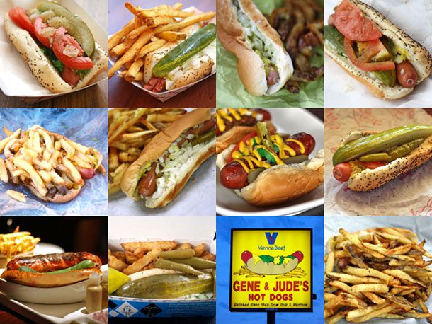 A collage of Chicago-style hot dogs from different purveyors, and a shot of Gene and Jude's sign (spoiler).