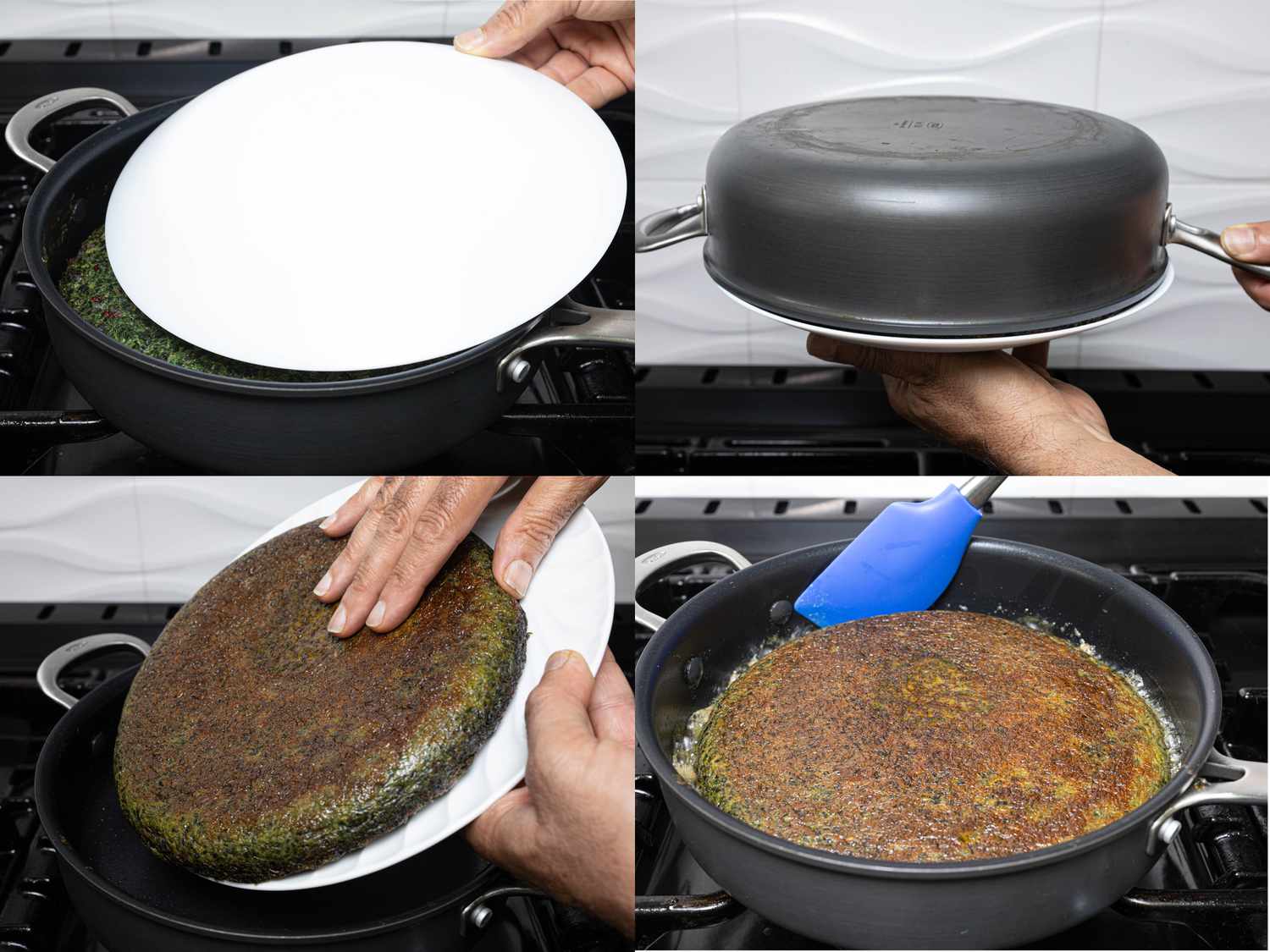 4 image collage. Top Left: Placing plate on top of skillet. Top Right: Flipping skillet onto plate Bottom Left: Flipped Kookoo sliding back onto freshly buttered skillet Bottom Right: Pressing edged of the kookoo with a silicone spatula