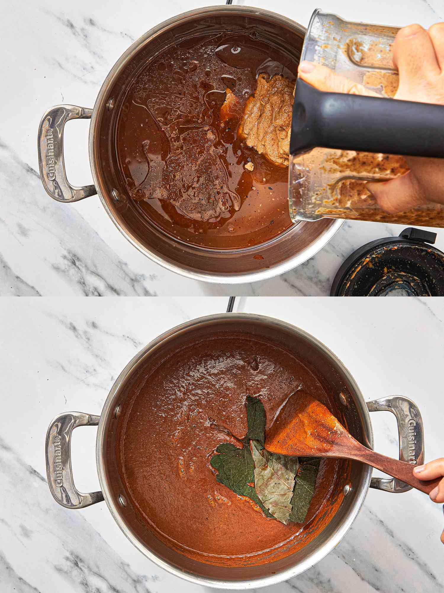 Steps in preparing mole negro sauce: blending ingredients into a pot and stirring with bay leaves