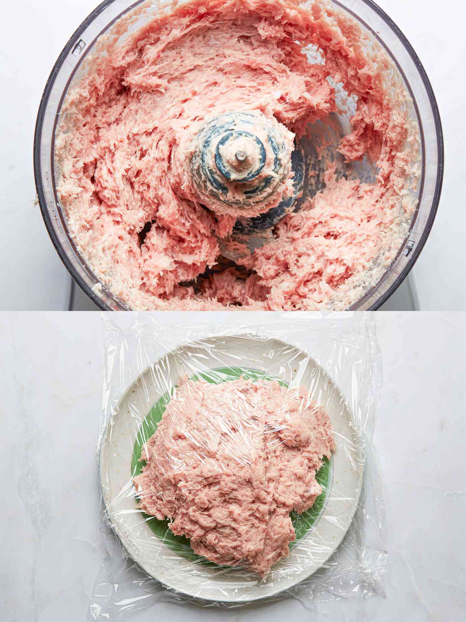 Two image collage of pork paste in food processor and in a bowl covered with plastic wrap