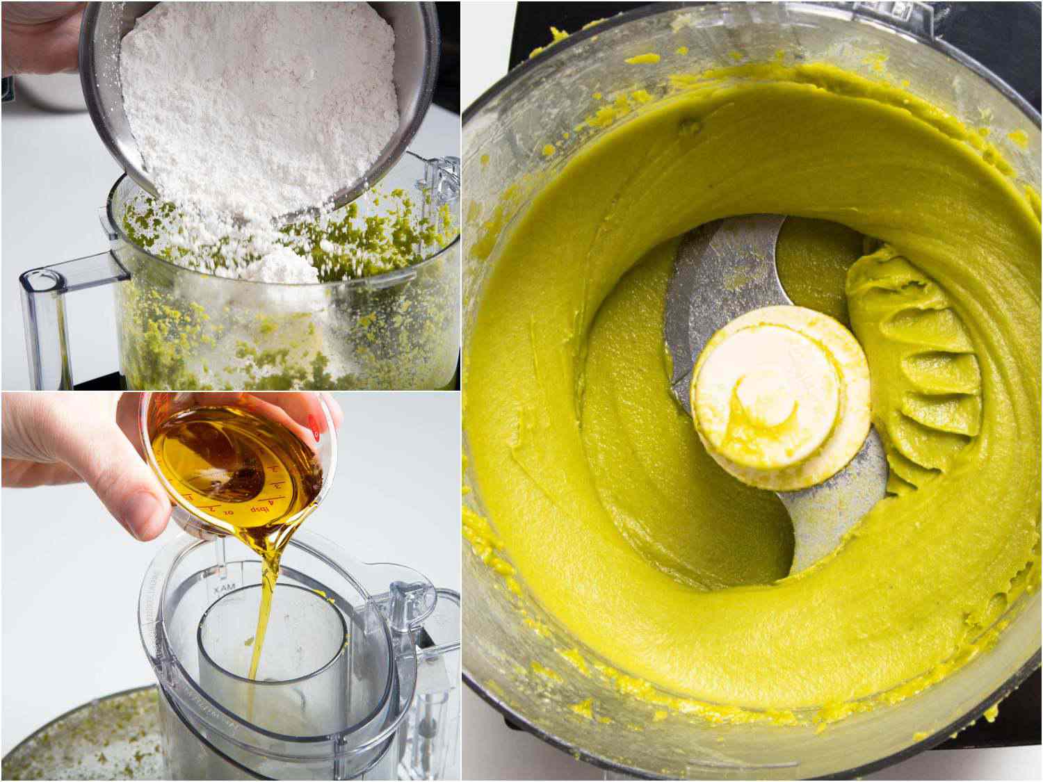 Collage of powdered sugar and pistachio oil being added to pistachio paste.