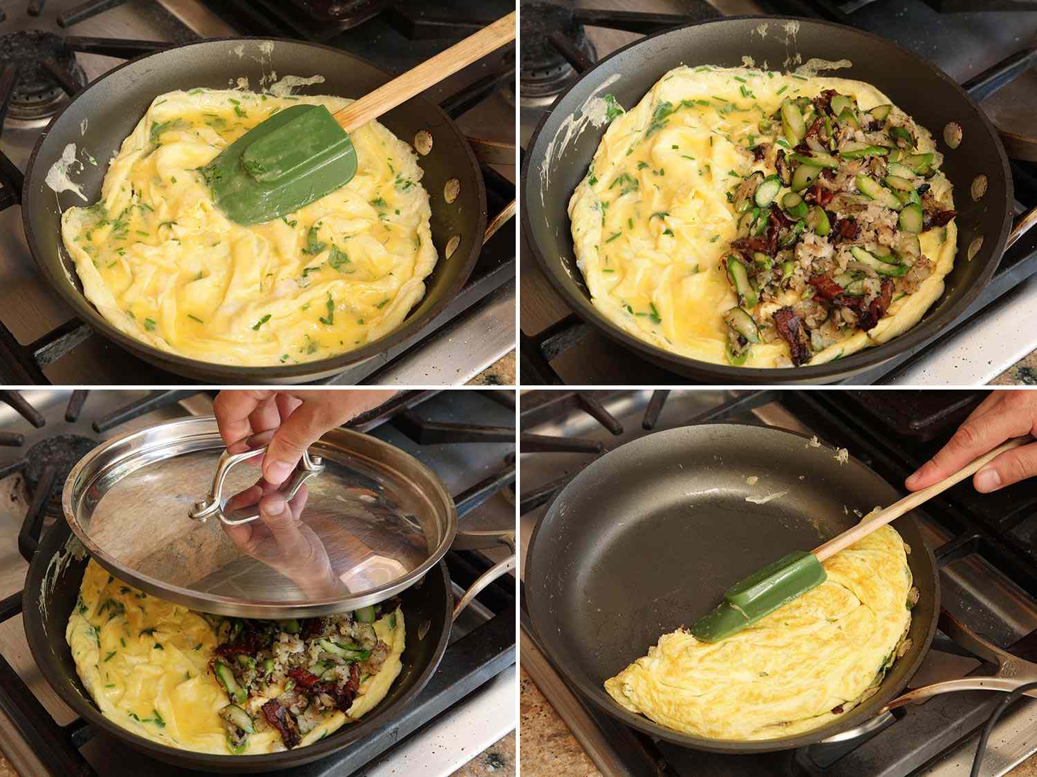A four-image collage showing an omelette being filled.
