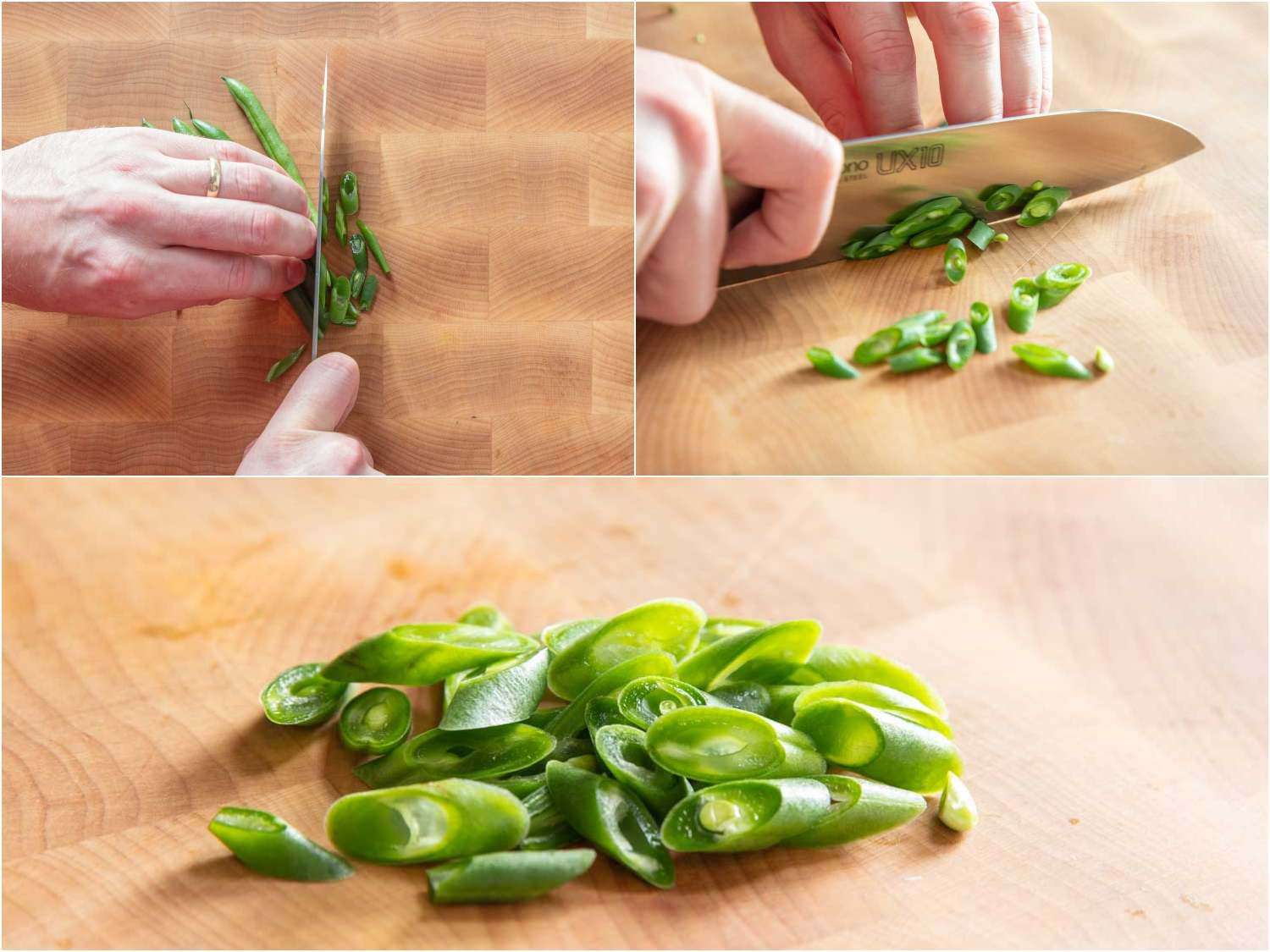 A 3-photo collage of slicing raw green beans on a steep bias for salad.