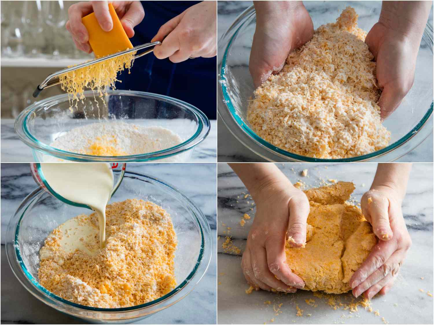 Collage showing cheddar cheese being grated over a bowl containing the dry ingredients. The grated cheese is mixed in, cream is added, and the dough is turned out and kneaded on a marble slab.