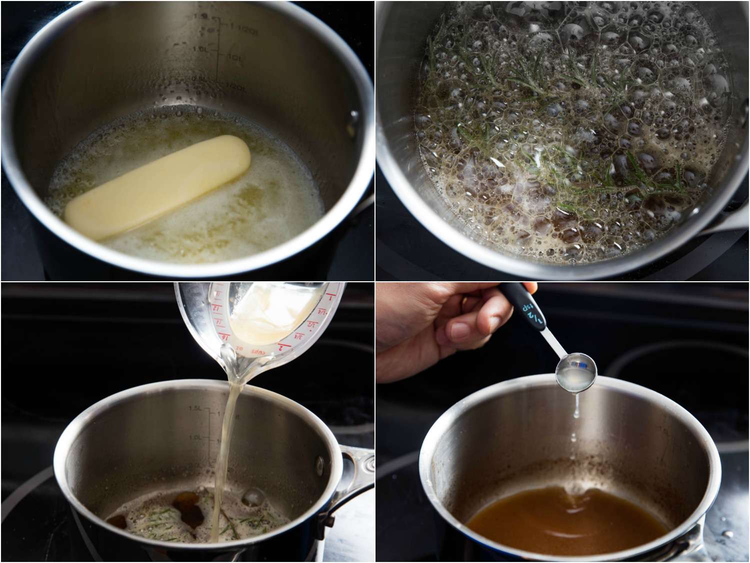 Collage of butter being browned, infused with rosemary, and emulsified with gelatin-enriched chicken stock.