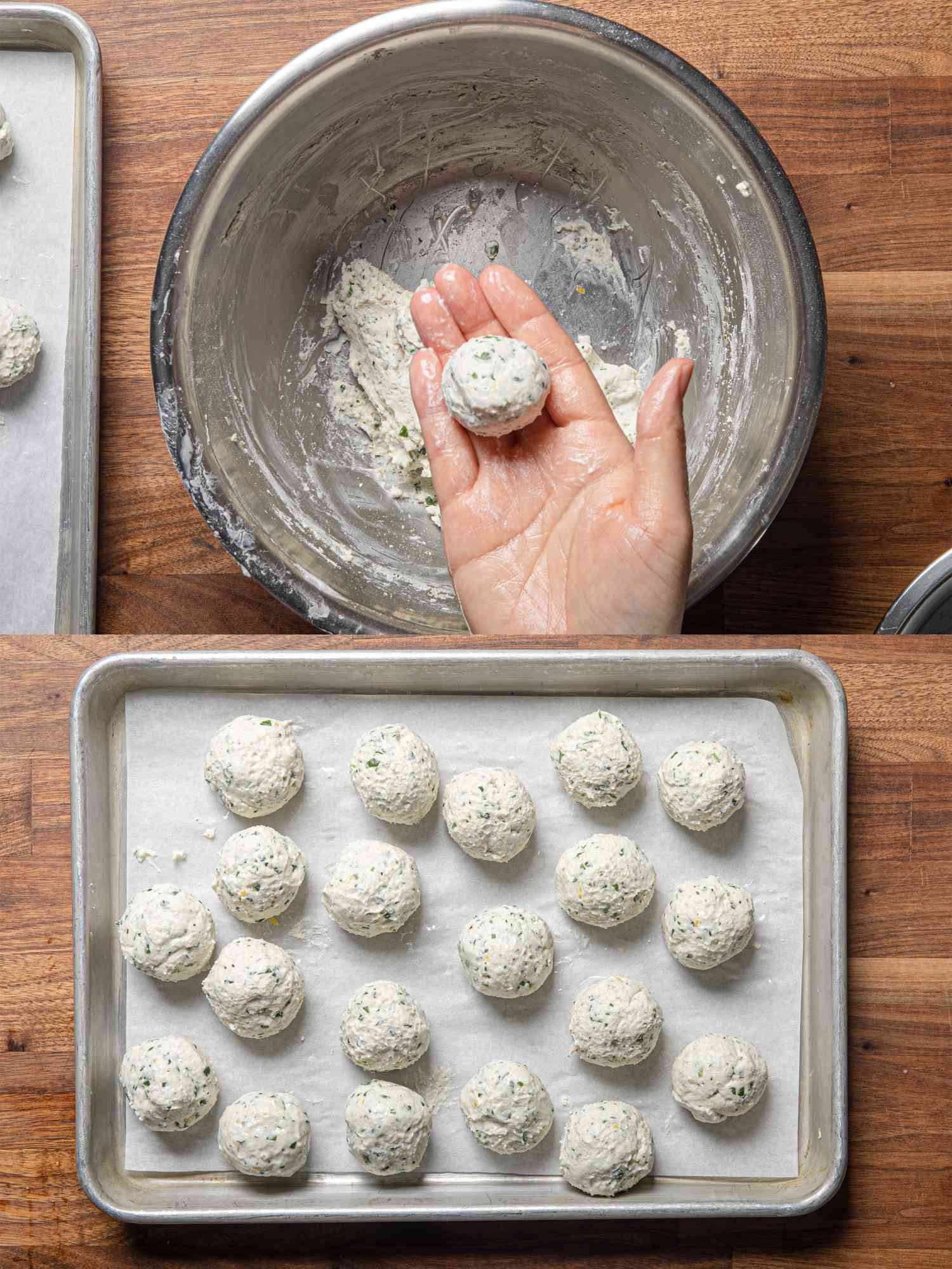 Two image collage of a hand rolling a ricotta ball and a tray of ricotta balls