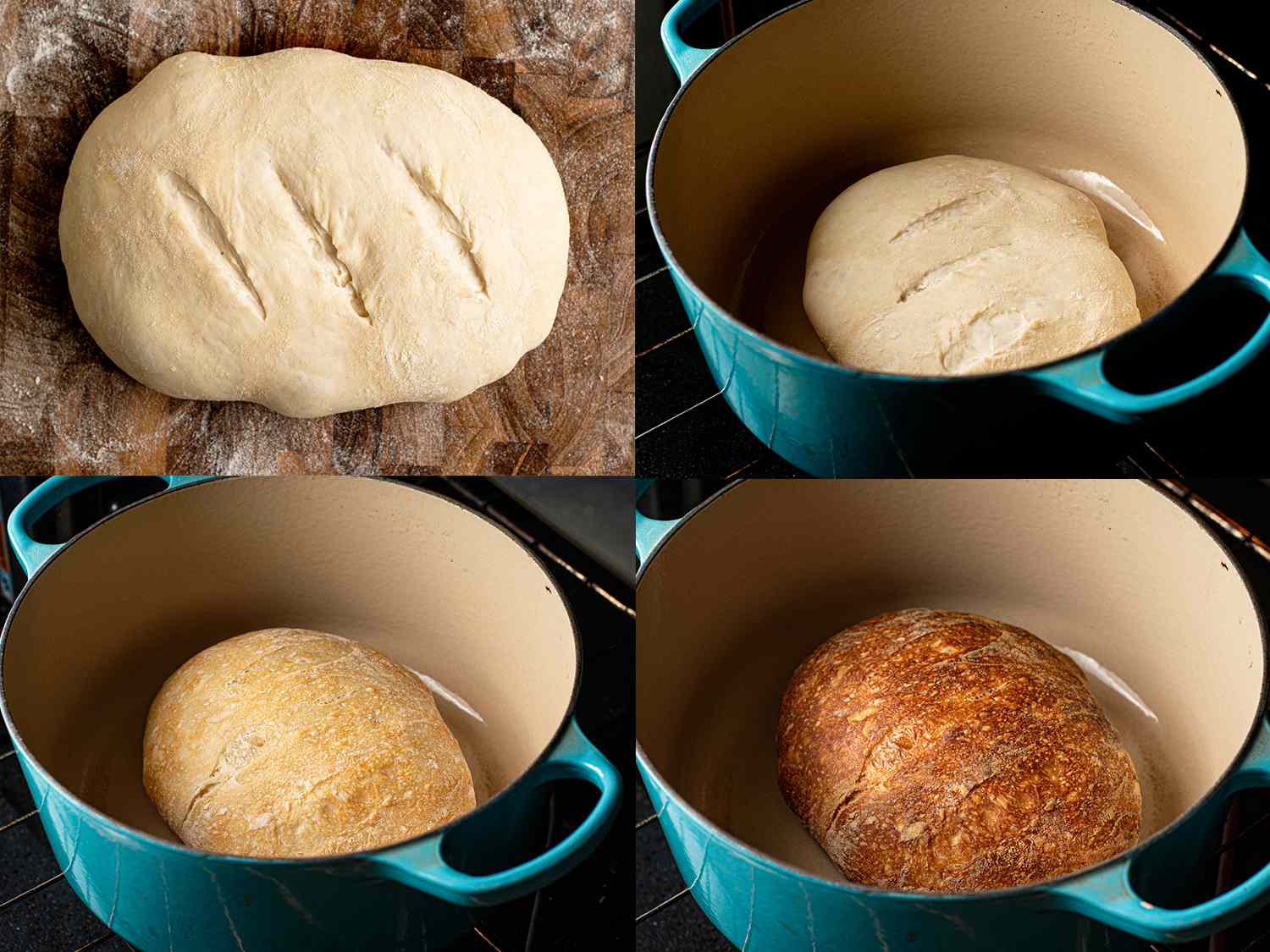 A four-image collage. The top left image shows the loaf of dough on a stone counter with 3 slashes on the top. The top right image shows the dough now inside of the preheated dutch oven. The bottom left image shows the Dutch oven now removed from oven after being in for 15 minutes, showing that the now-baked bread has a light golden brown crust. The bottom right image shows the Dutch oven, removed from the oven again after an additional 30-45 minutes of baking time, showing the deeply golden brown crust of the fully baked bread.