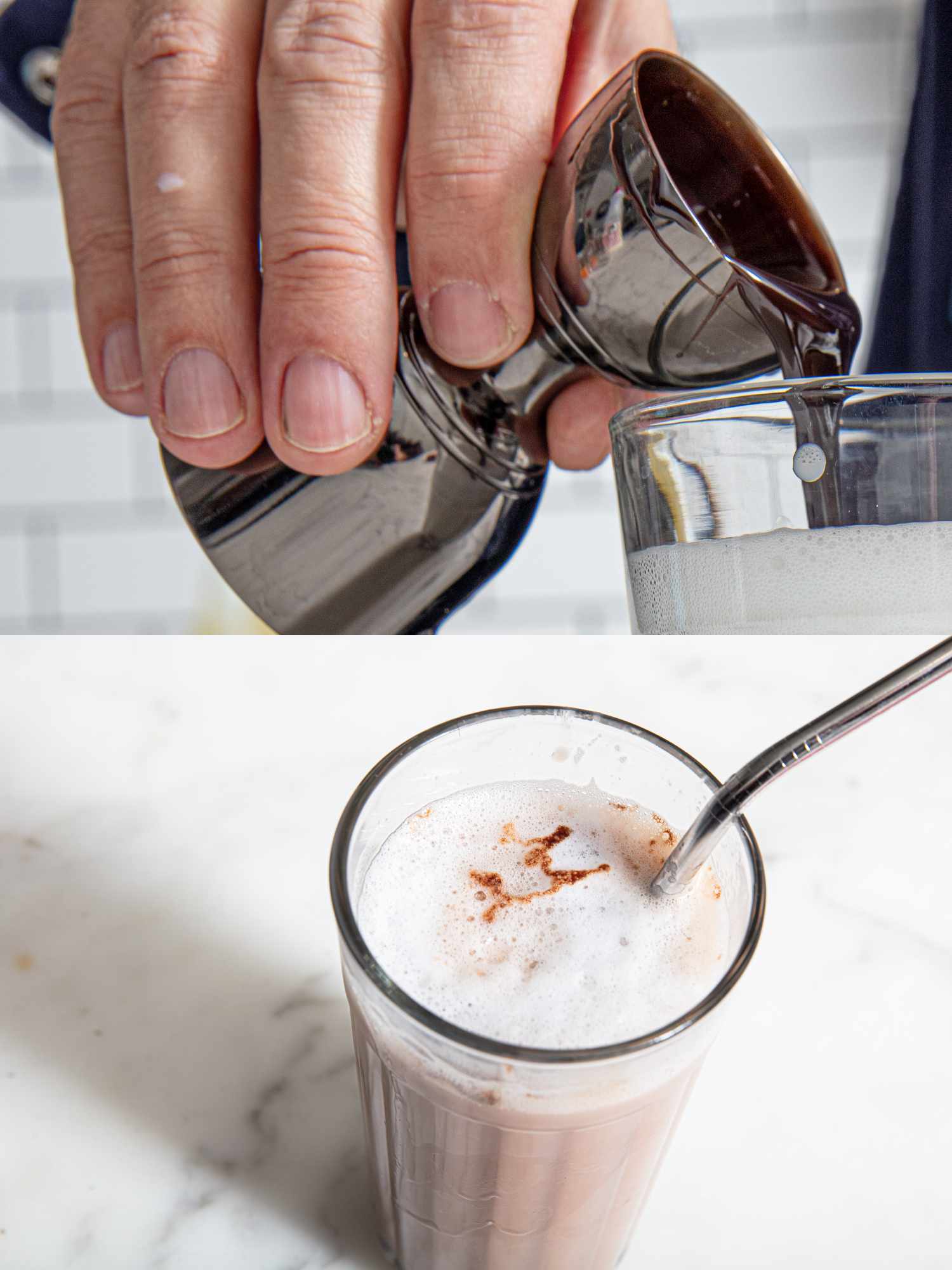 A hand pouring chocolate syrup into a glass of milk and a prepared chocolate soda drink with foam and a straw