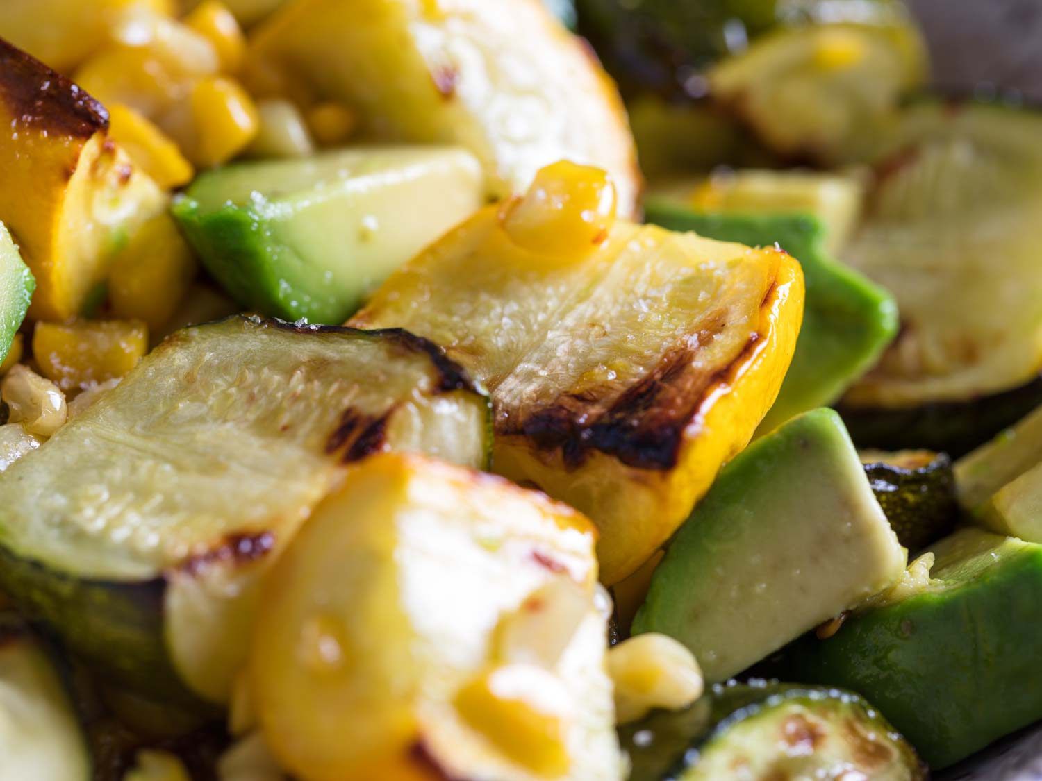Close up of summer squash and avocado agrodolce