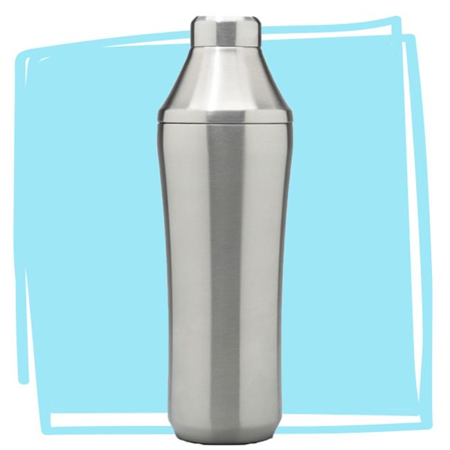 A sleek cocktail shaker set against a light blue background