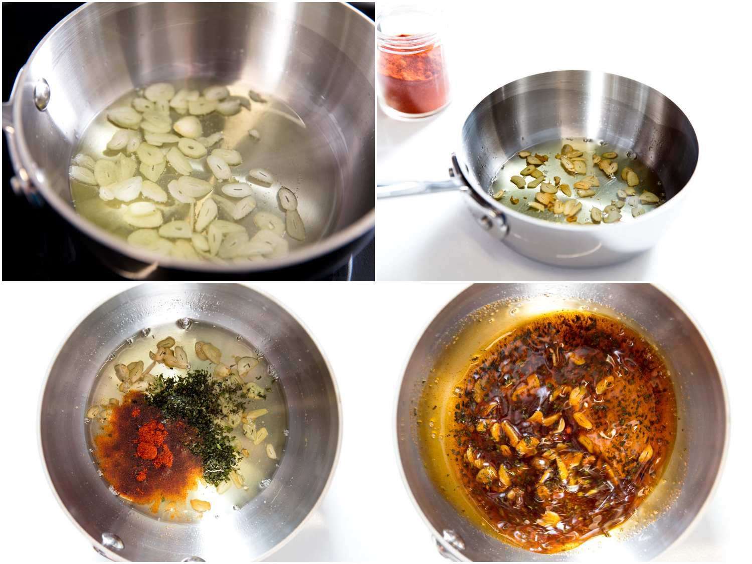 Collage of making a garlic chile oil: garlic slices are fried in olive oil until golden before paprika and oregano are added.