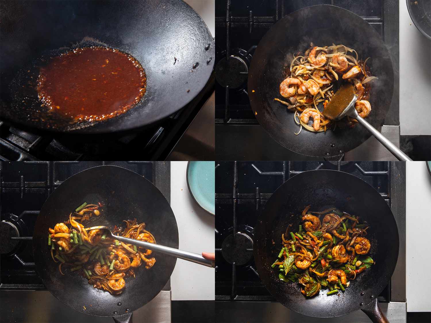 Four image collage of stir-fry sauce added to wok and then shrimp and vegetable mixture being added to the wok
