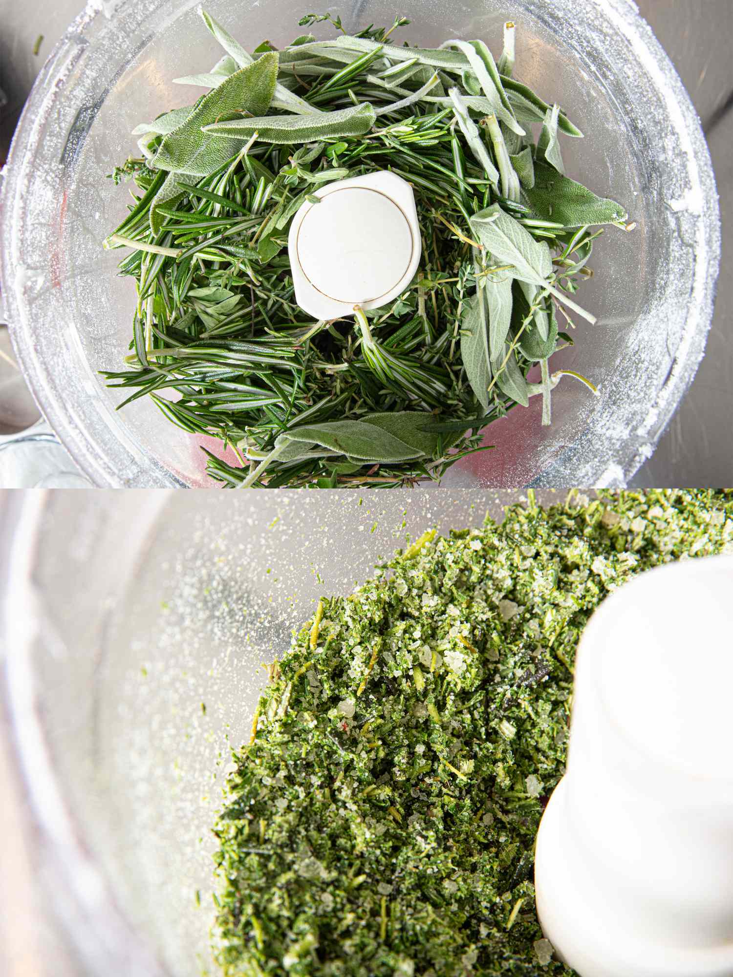 Two stages of preparing herb salt in a food processor showing fresh herbs before and after blending