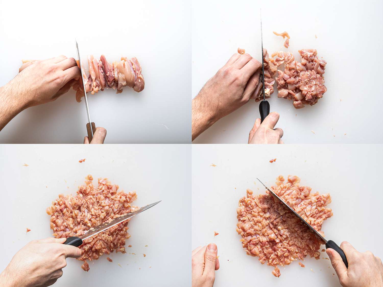 A four step collage of chicken being minced on a cutting board.