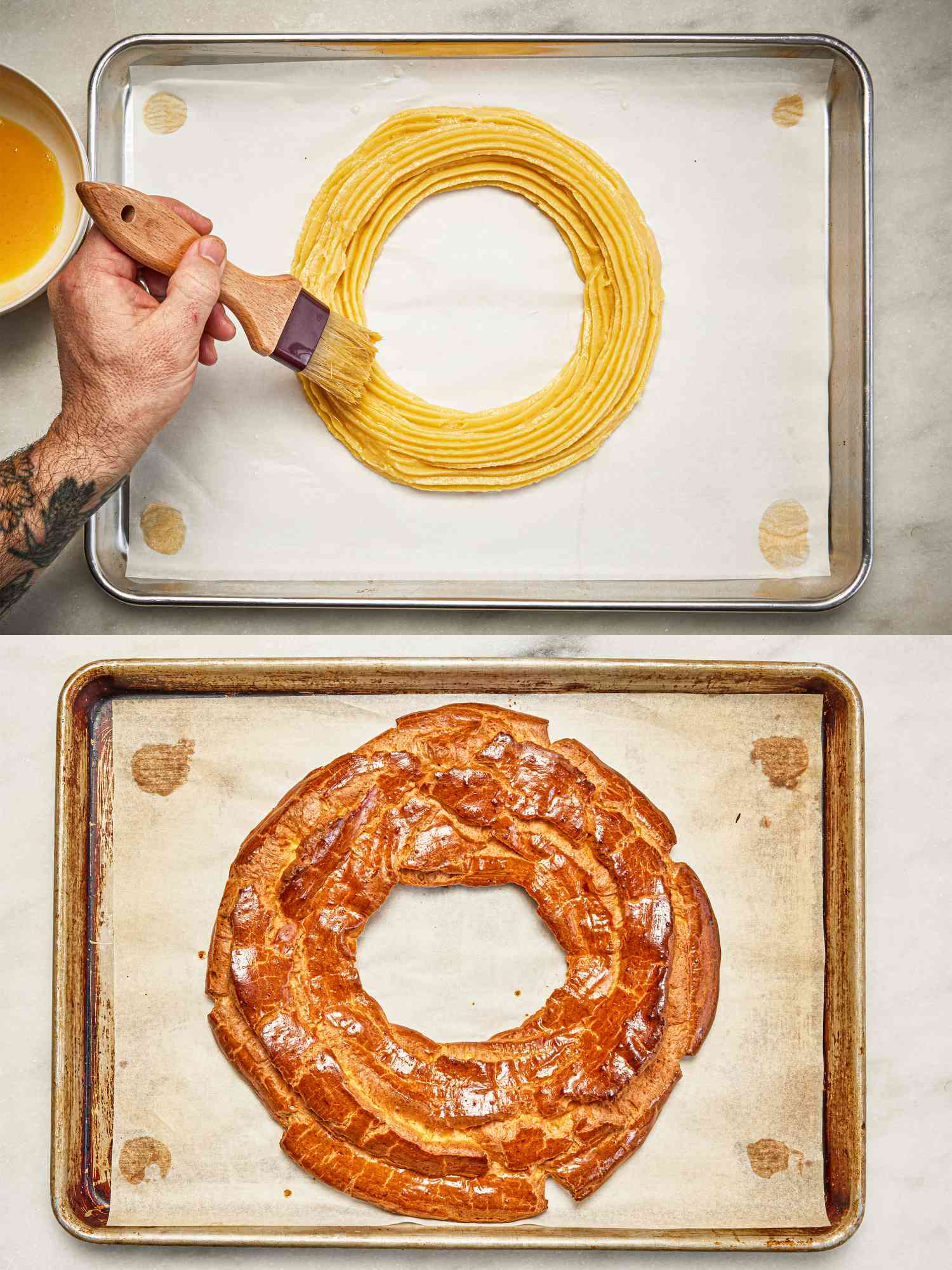 Two image collage of putting eggwash on choux and choux ring cooling after being baked