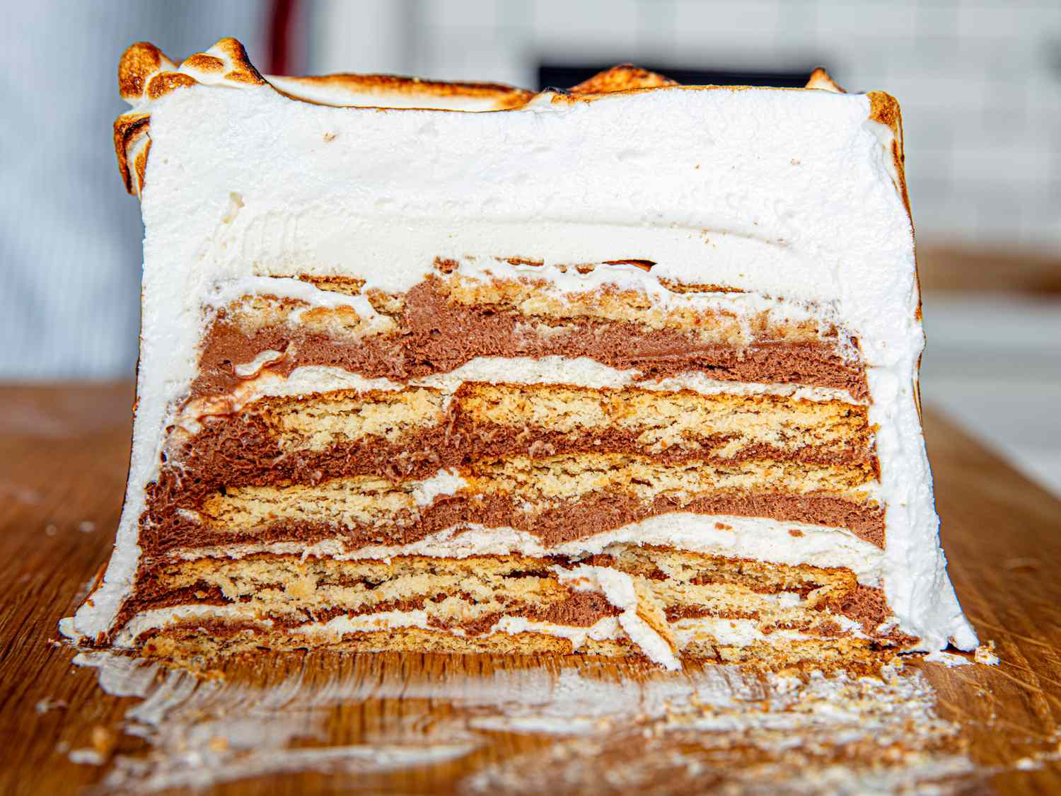 Side view of cut icebox cake