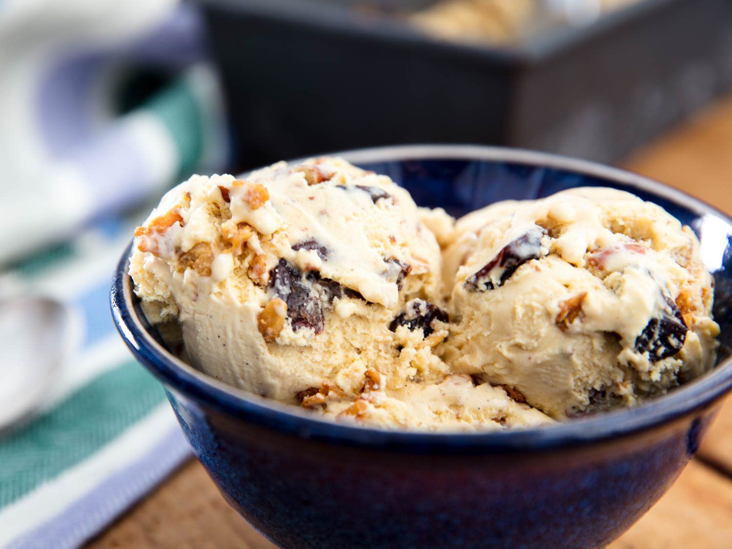 A big blue bowl of oatmeal cookie ice cream