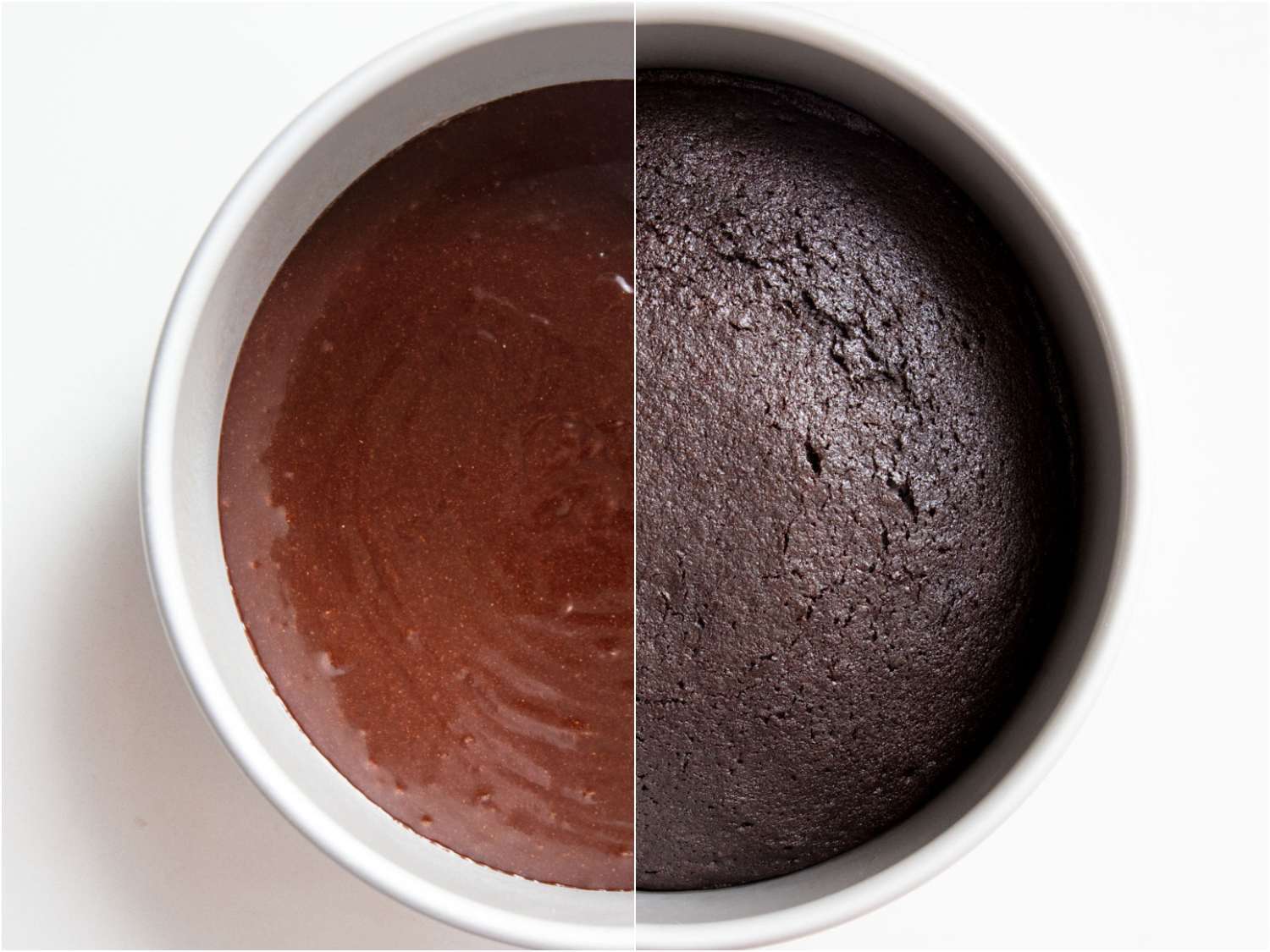 Overhead split image of the cake before and after baking.
