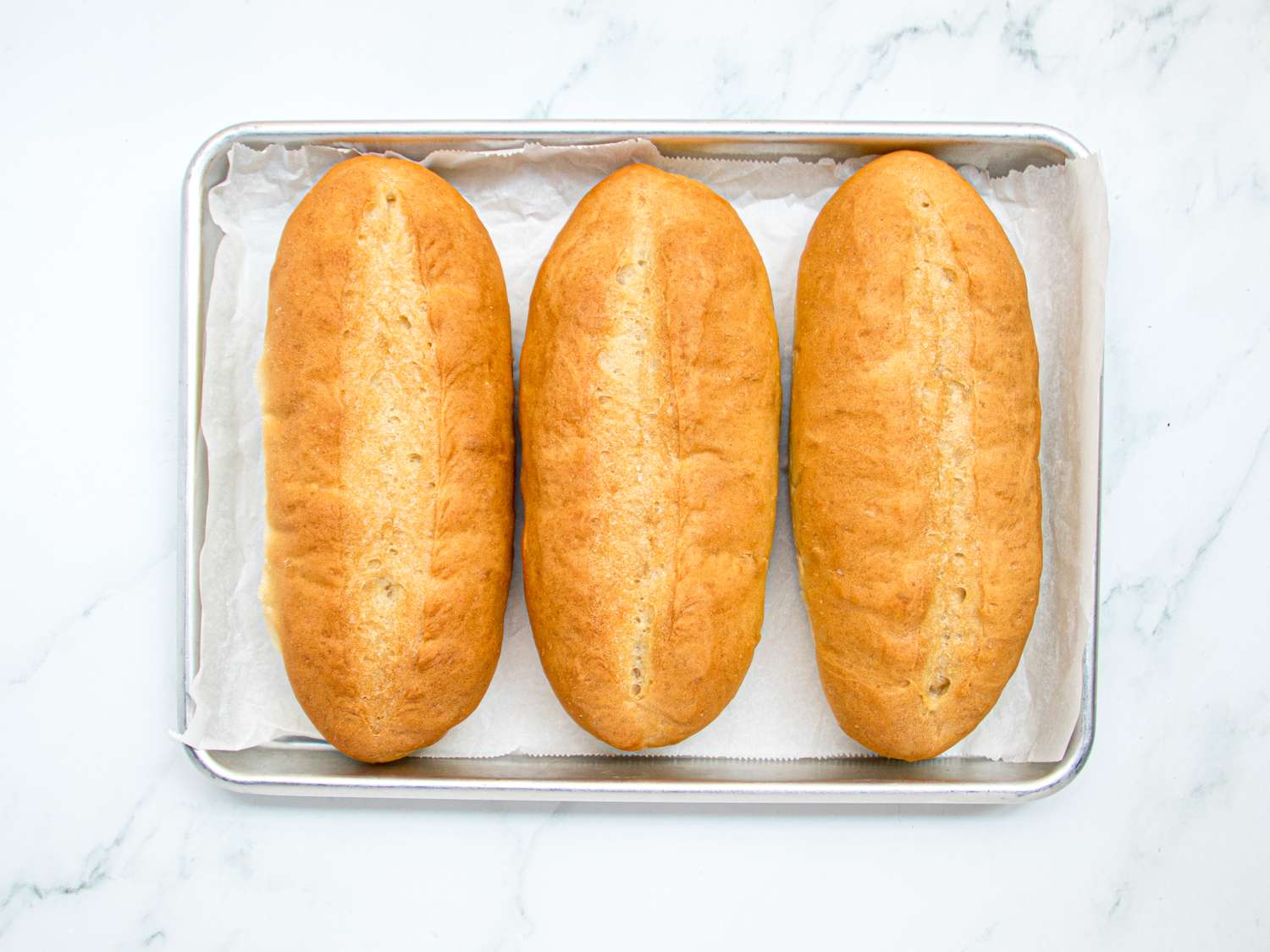 Overhead view of finished hoagie rolls