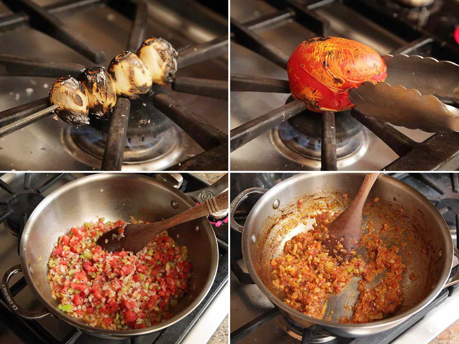 Collage of garlic and Roma tomatoes charring over a gas flame and the sofrito being cooked down.