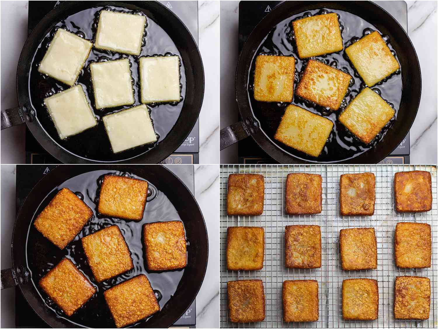 Collage showing steps of shallow frying potato mochi in a cast iron skillet