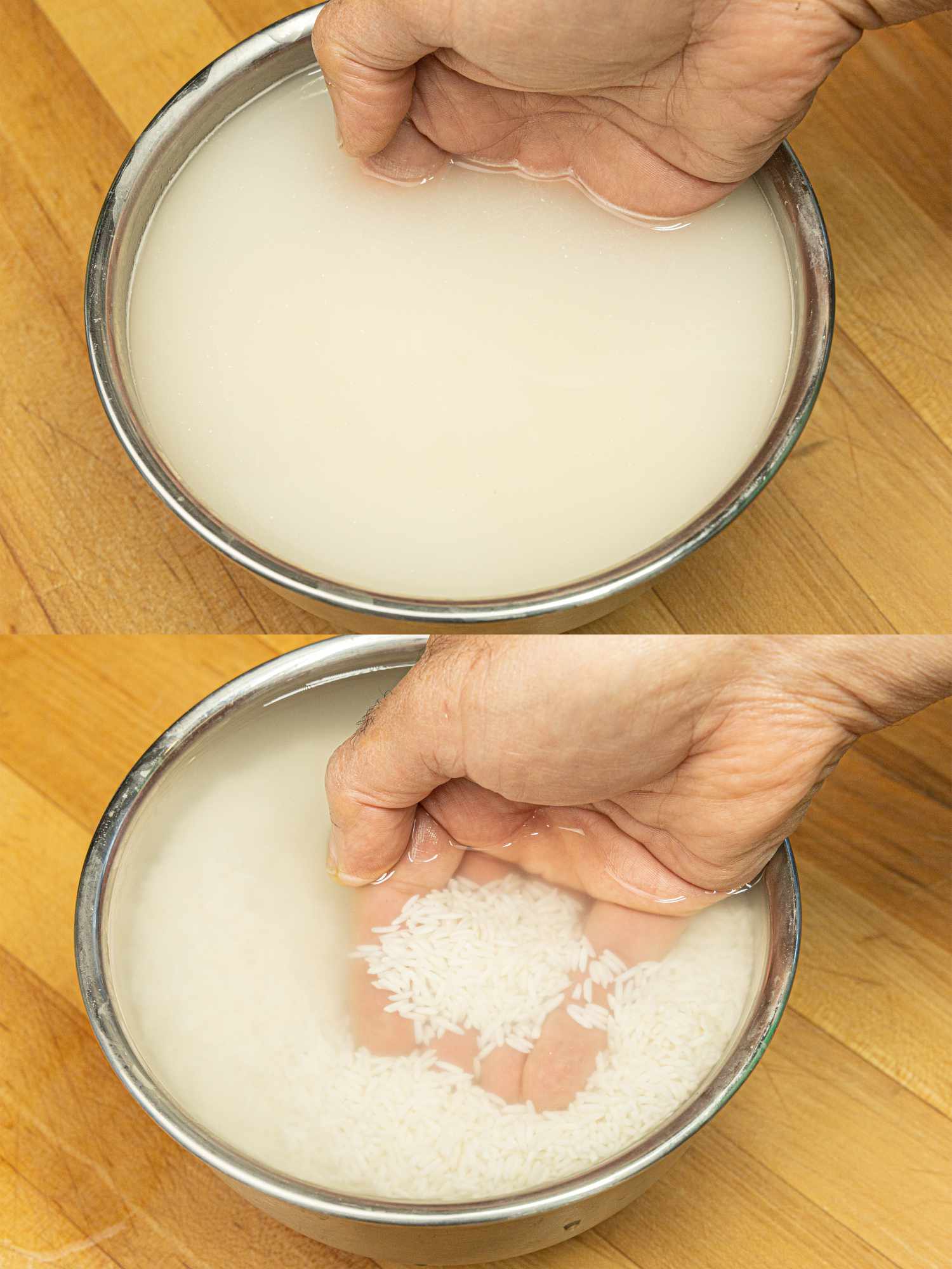 Two image collage of washing rice in a bowl until the water turns clear