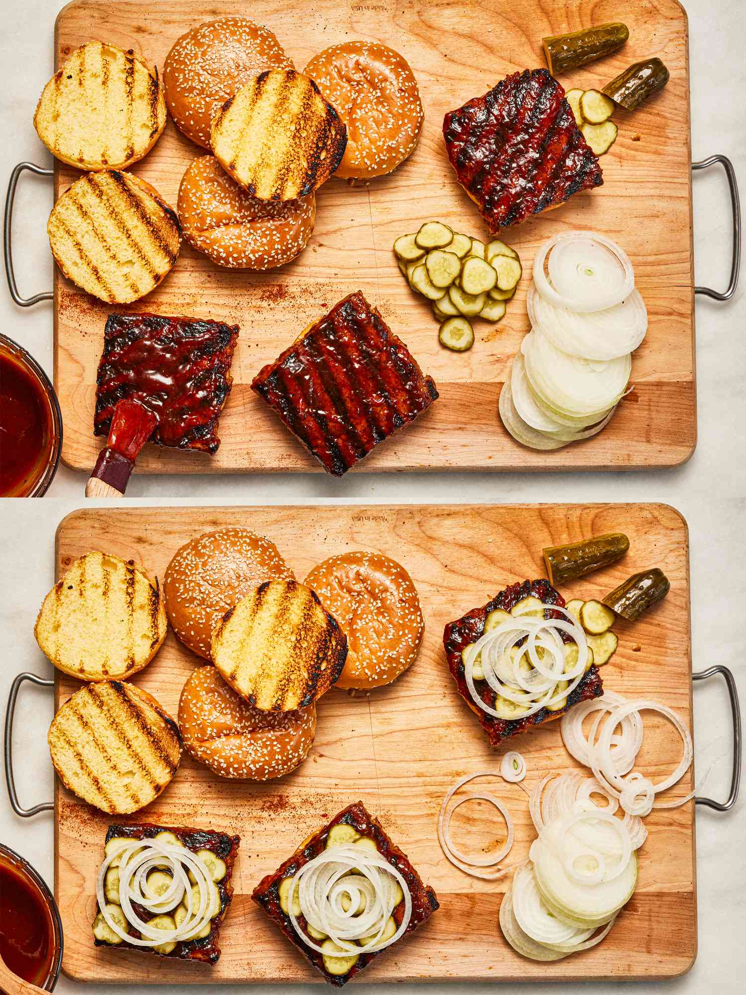Two image collage of assembling of a McRib sandwich: toasted buns, rib patties, pickles, and raw onion rings.