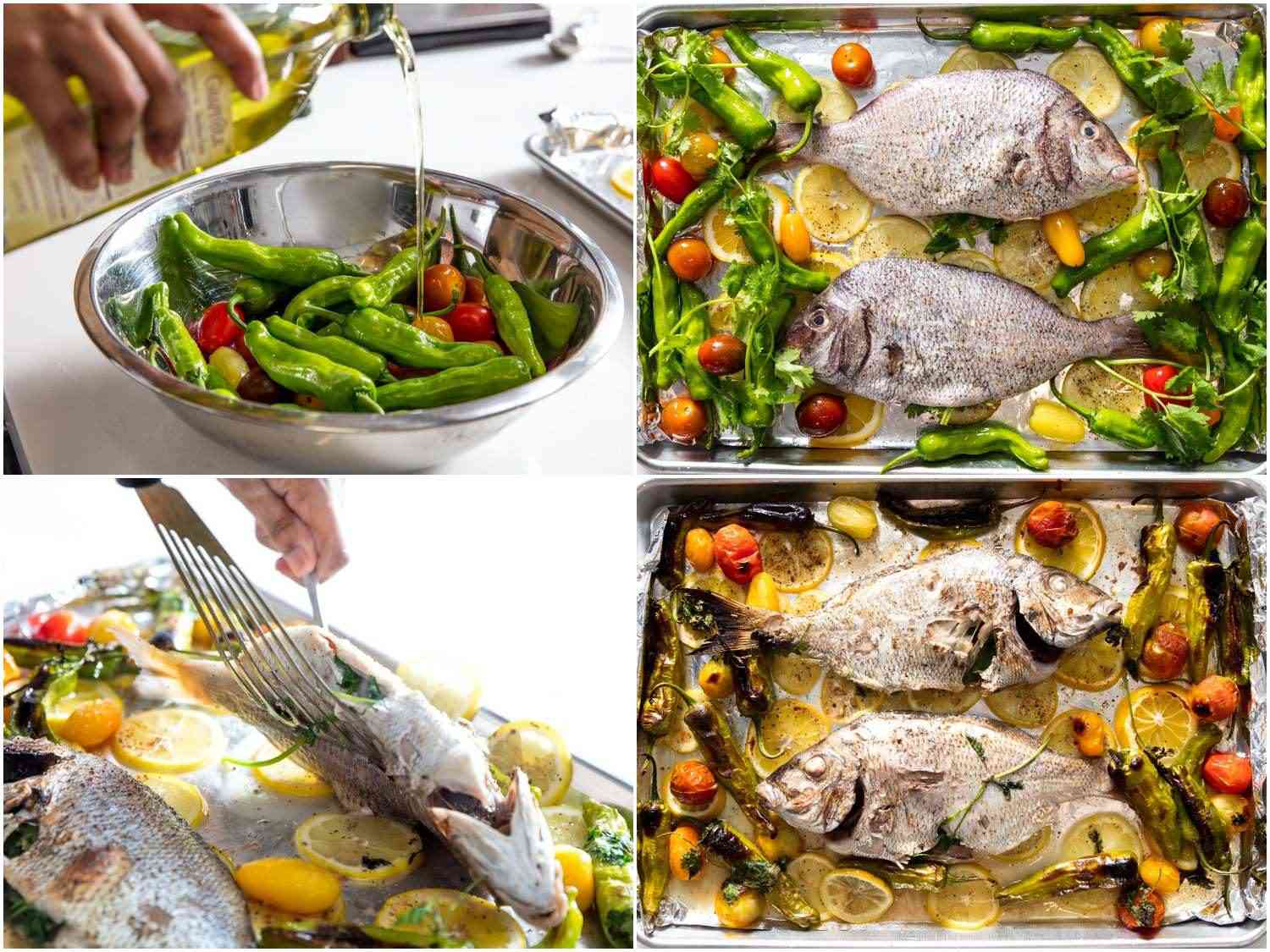 Collage of preparing shishitos and tomatoes to be broiled with whole porgy: combining with olive oil in a mixing bowl, arranged on the sheet pan with the fish and baked until the fish is lightly charred. 
