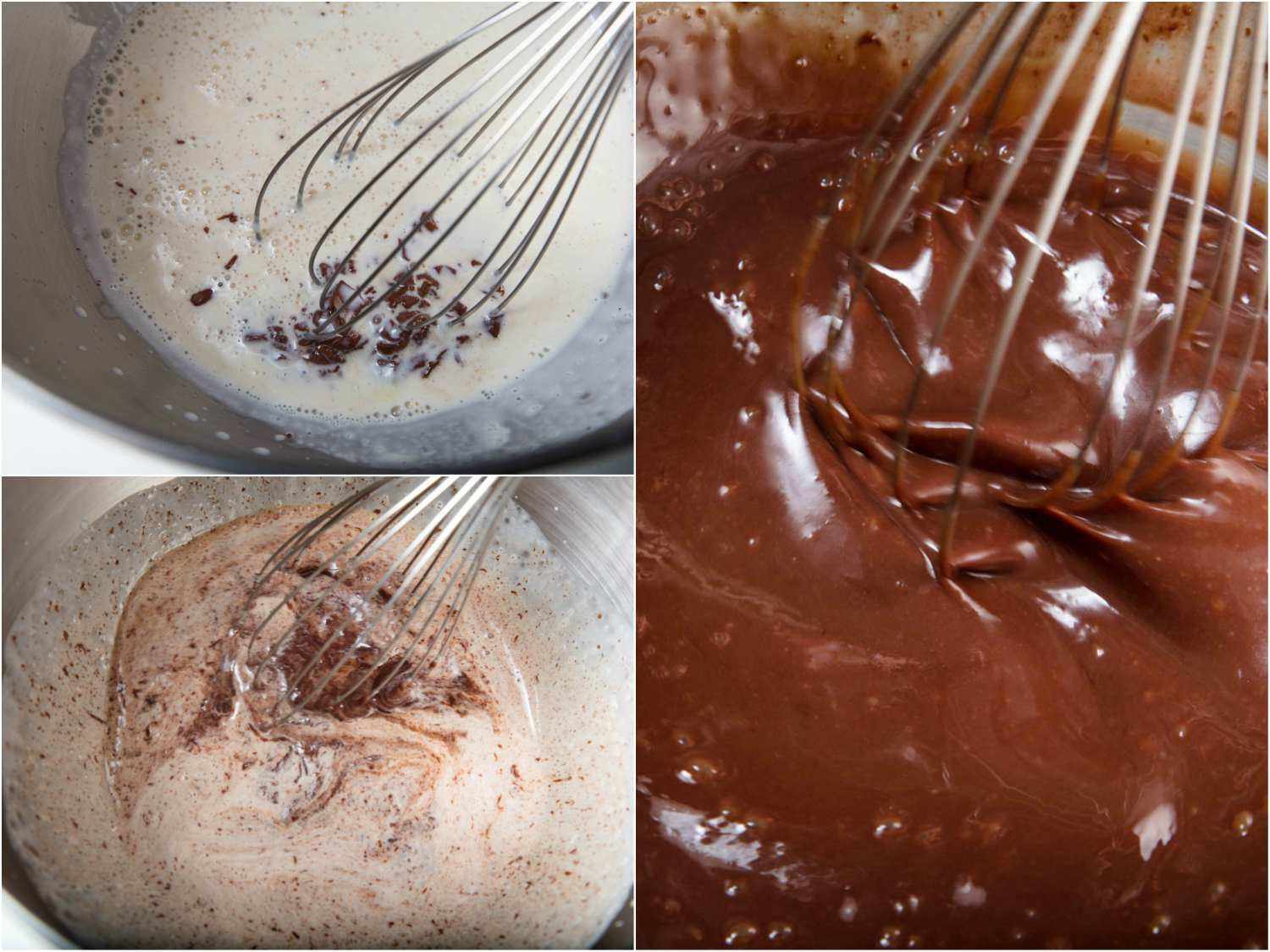 Collage of 3 photos of whisking milk chocolate and cream until smooth to form ganache.