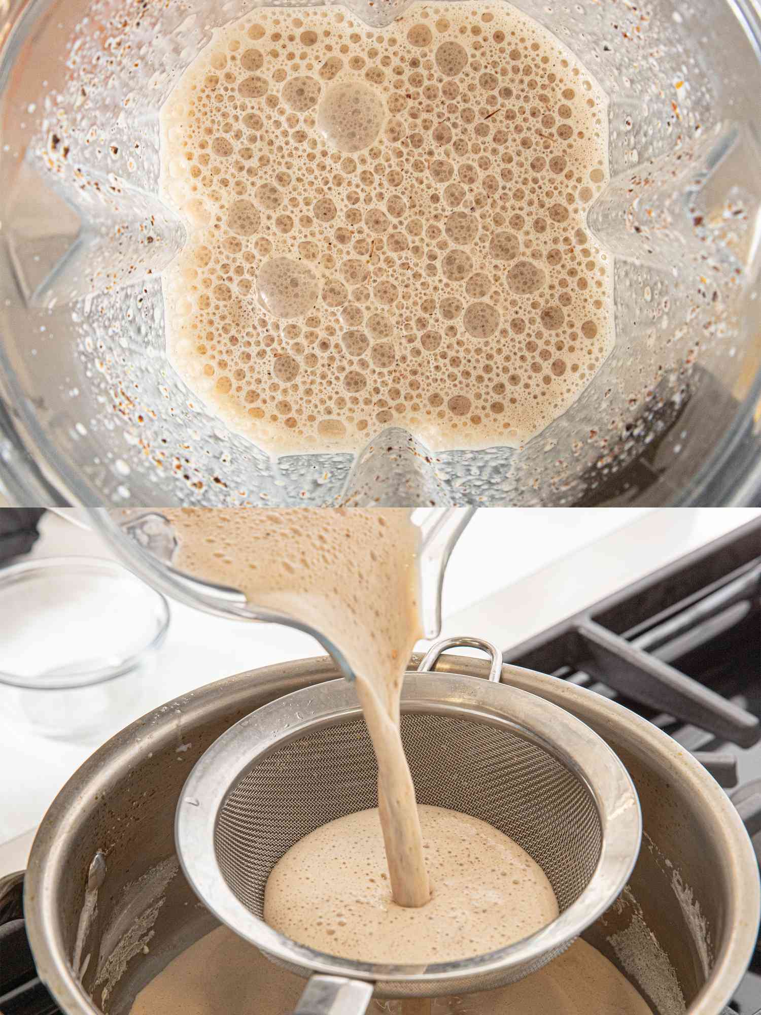 Blended mixture in a blender and then being poured through a strainer into a bowl