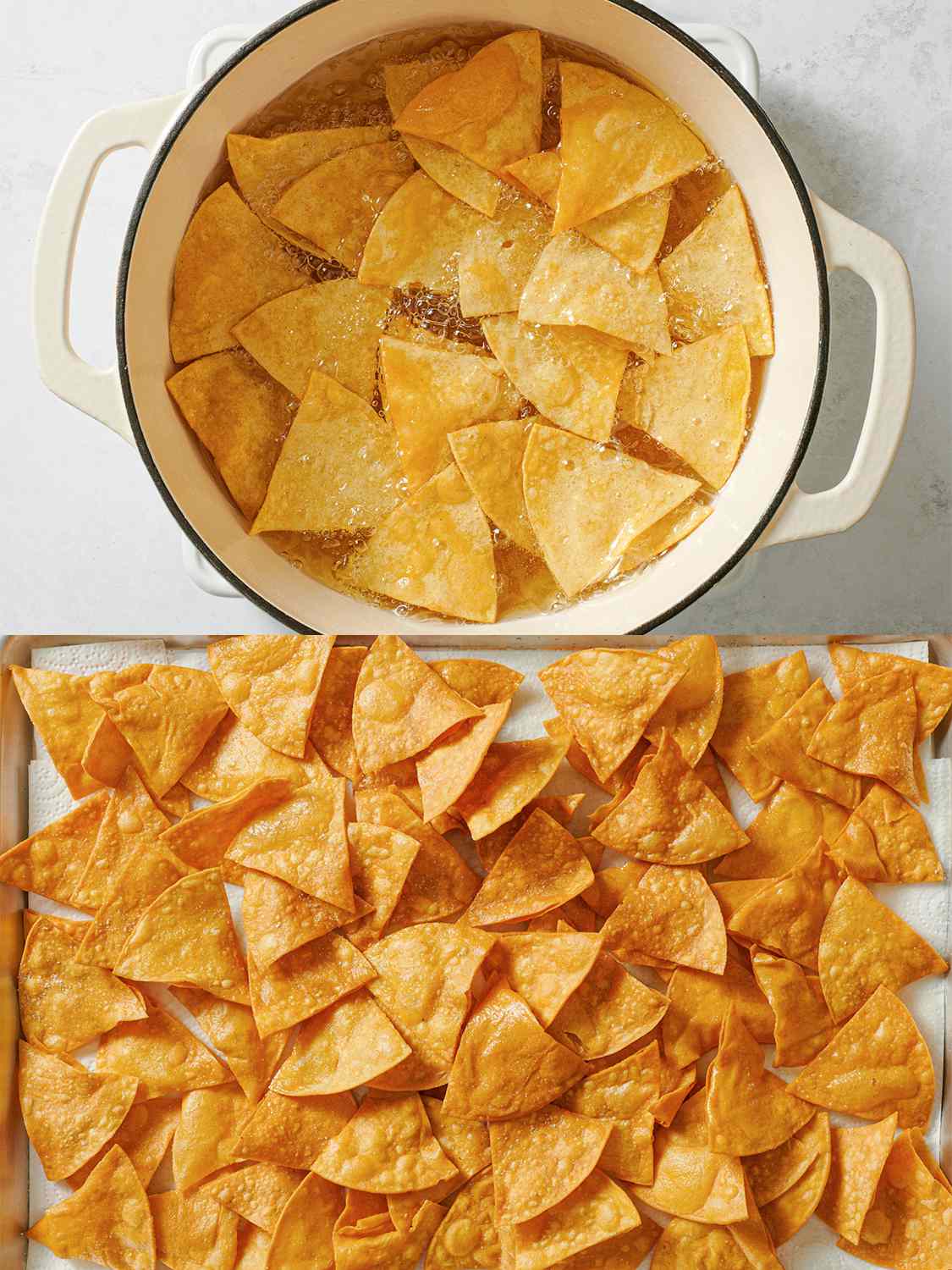 A two-image collage. The top image shows tortilla chips frying in a Dutch oven. The bottom image shows the fried tortilla chips spread out on a sheet pan lined with paper towels.