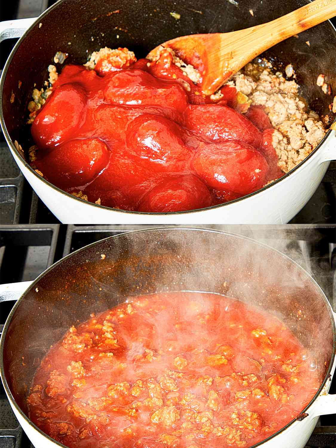 Two image collage of canned tomatoes being added to sausage in pot
