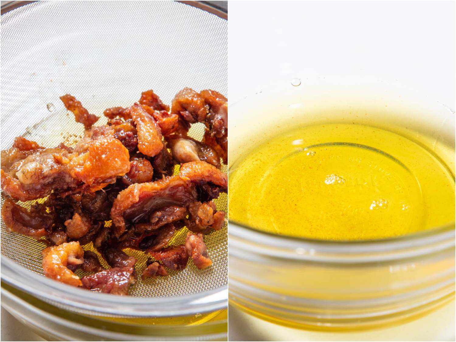 Photo collage of crispy duck cracklings and finished rendered duck fat.