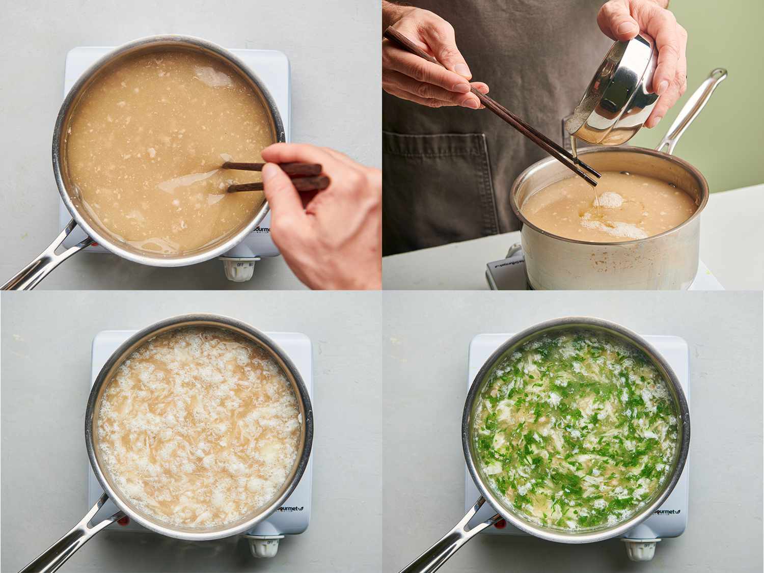 A four-image collage. The top left image shows the marinated ground meat broken up in a saucepan containing the thickened broth. The top right image shows the egg whites being drizzled into the simmering broth while stirring the broth around slowly using a pair of cooking chopsticks. The bottom left image shows the eggs solidified in long thin strands inside the thickened broth in the saucepan. The bottom right image shows chopped cilantro incorporated into the soup inside of the saucepan.