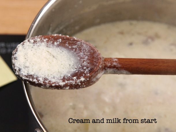 Broken texture of chowder made with cream and milk added from the start.
