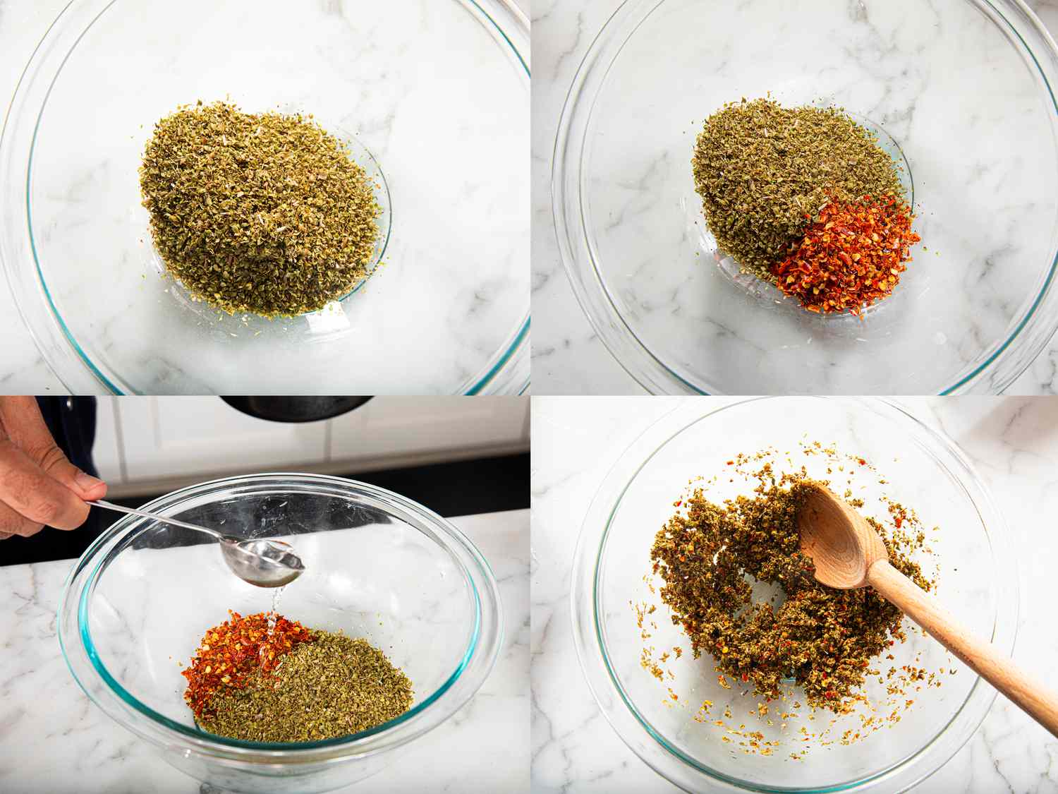 Four image collage of oregano, chile flakes, adding boiling water and stirring mixture in a glass bowl