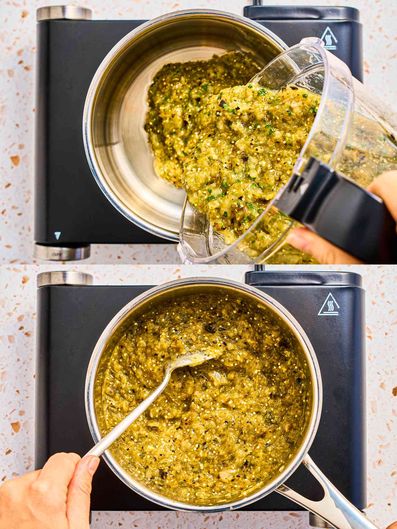 2 image collage. Top: pouring blended slasa from food processor into medium sized saucepan. Bottom: salsa being stirred with a spoon after darkened and thickened in saucepan