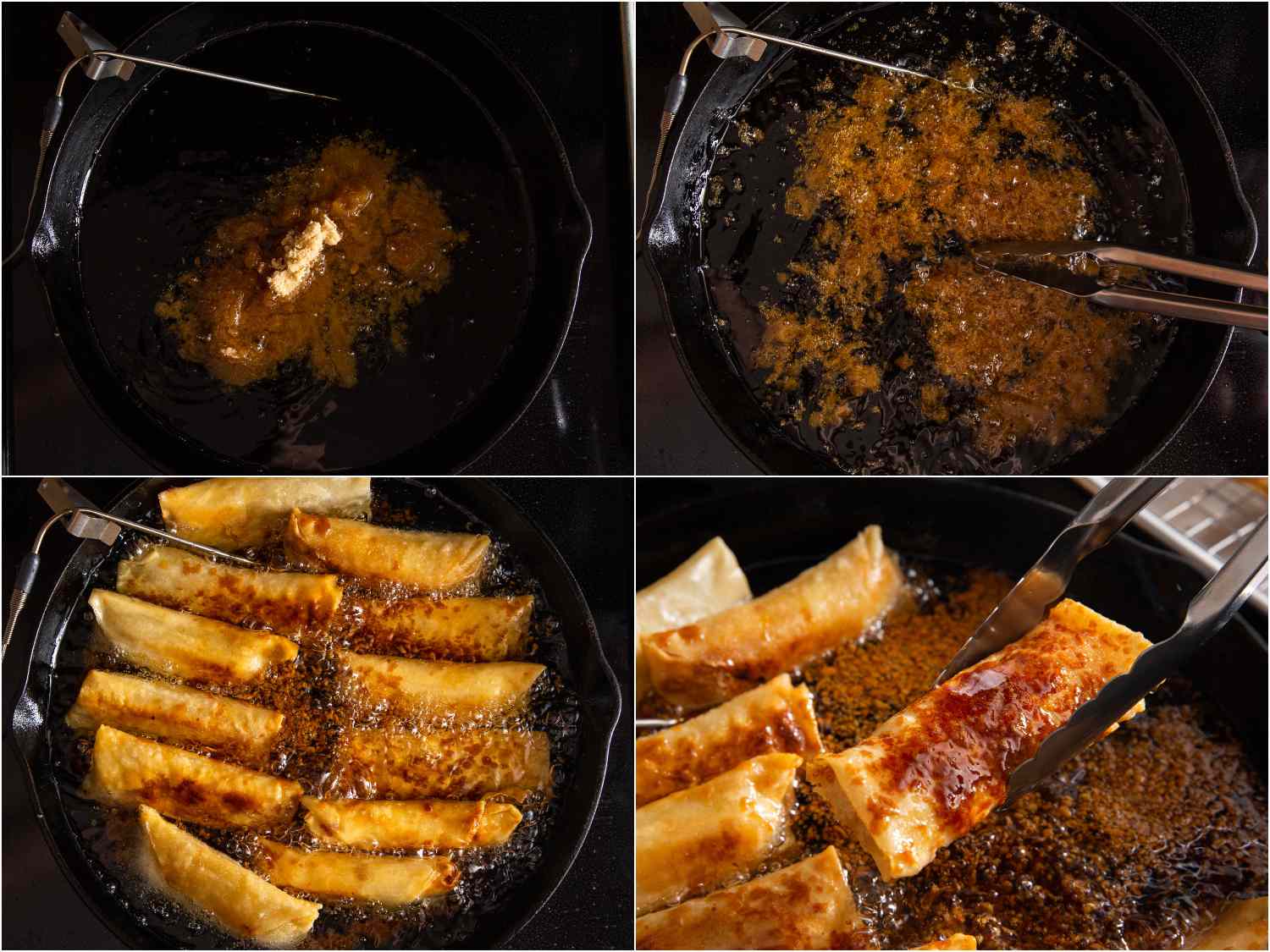 adding brown sugar to oil; sugar beginning to brown and melt; turon added back into pan, sugar beginning to stick to turon; tongs lifting a glazed turon out of the oil