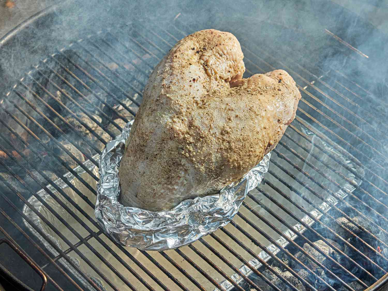Overhead view of Turkey on smoker