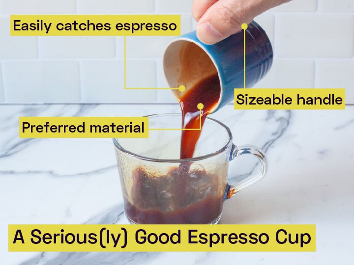 A person pouring espresso from an espresso cup into a glass mug.