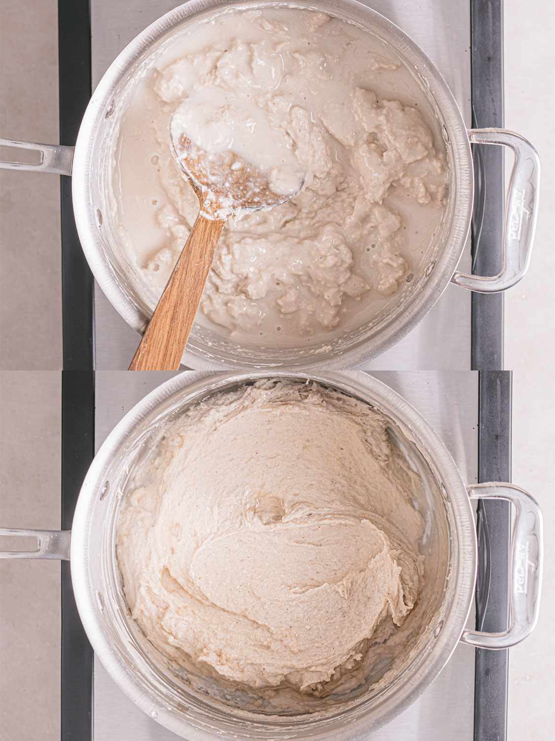 Two image collage of water being added to dough mixture and mixed smooth with a wooden spoon