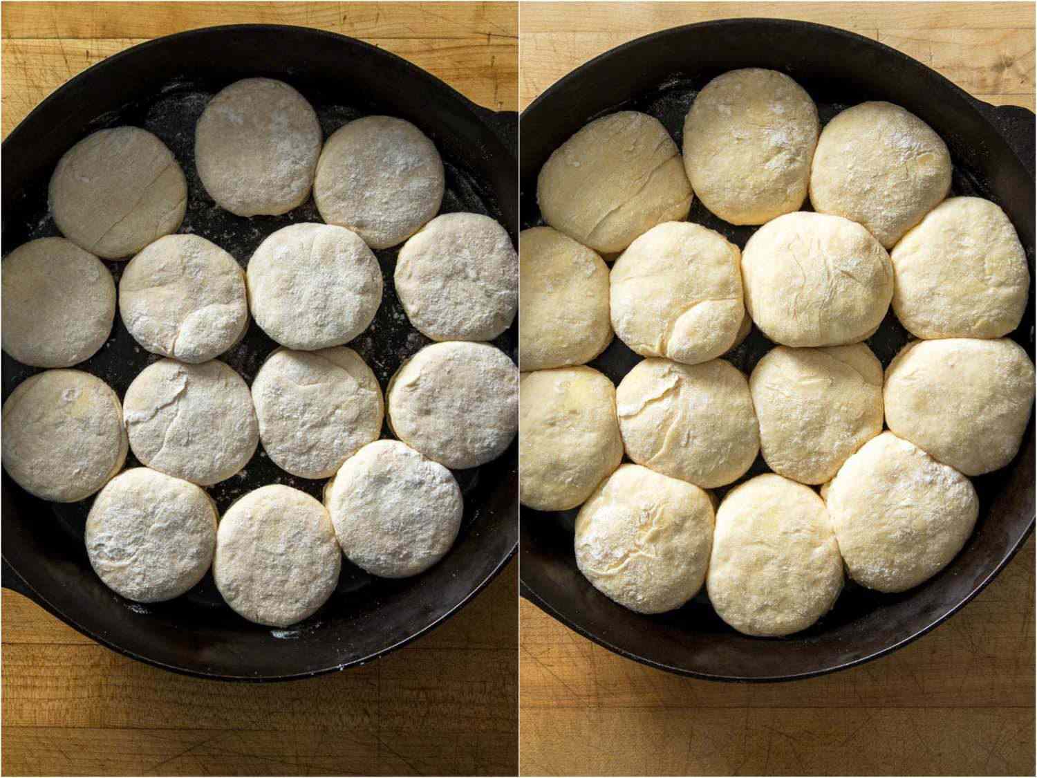 The skillet full of cut-out angel biscuits, before and after rising.