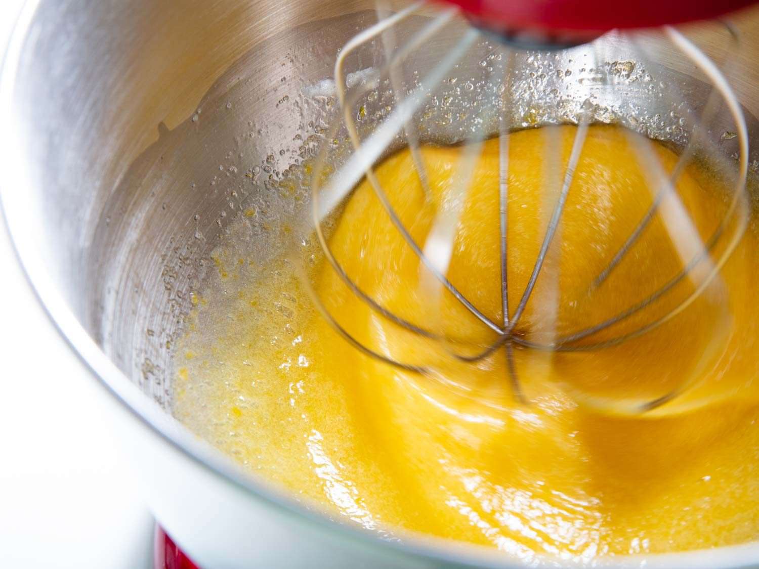 A dense mixture of whole eggs and sugar prior to extensive foaming