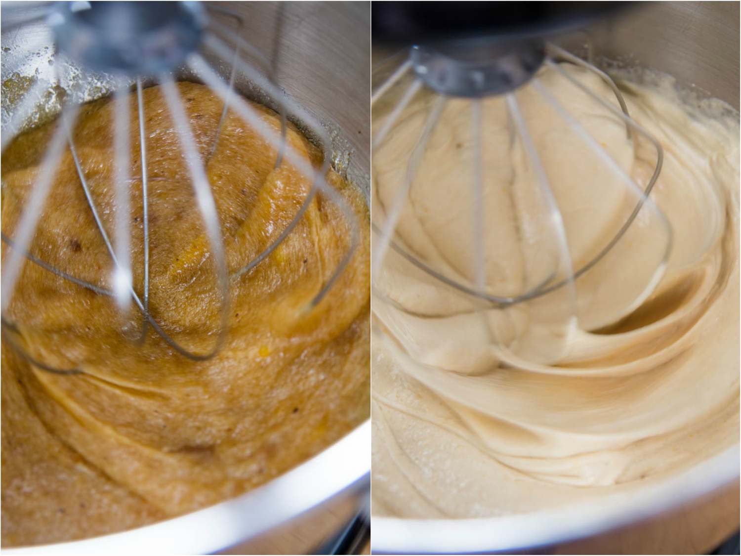 A collage of two photos showing beating brownie batter in a stand mixer with the whisk attachment. The first picture shows the ingredients just being incorporated; the second pictures shows the lighter color change after the batter has been mixed for a few minutes. 
