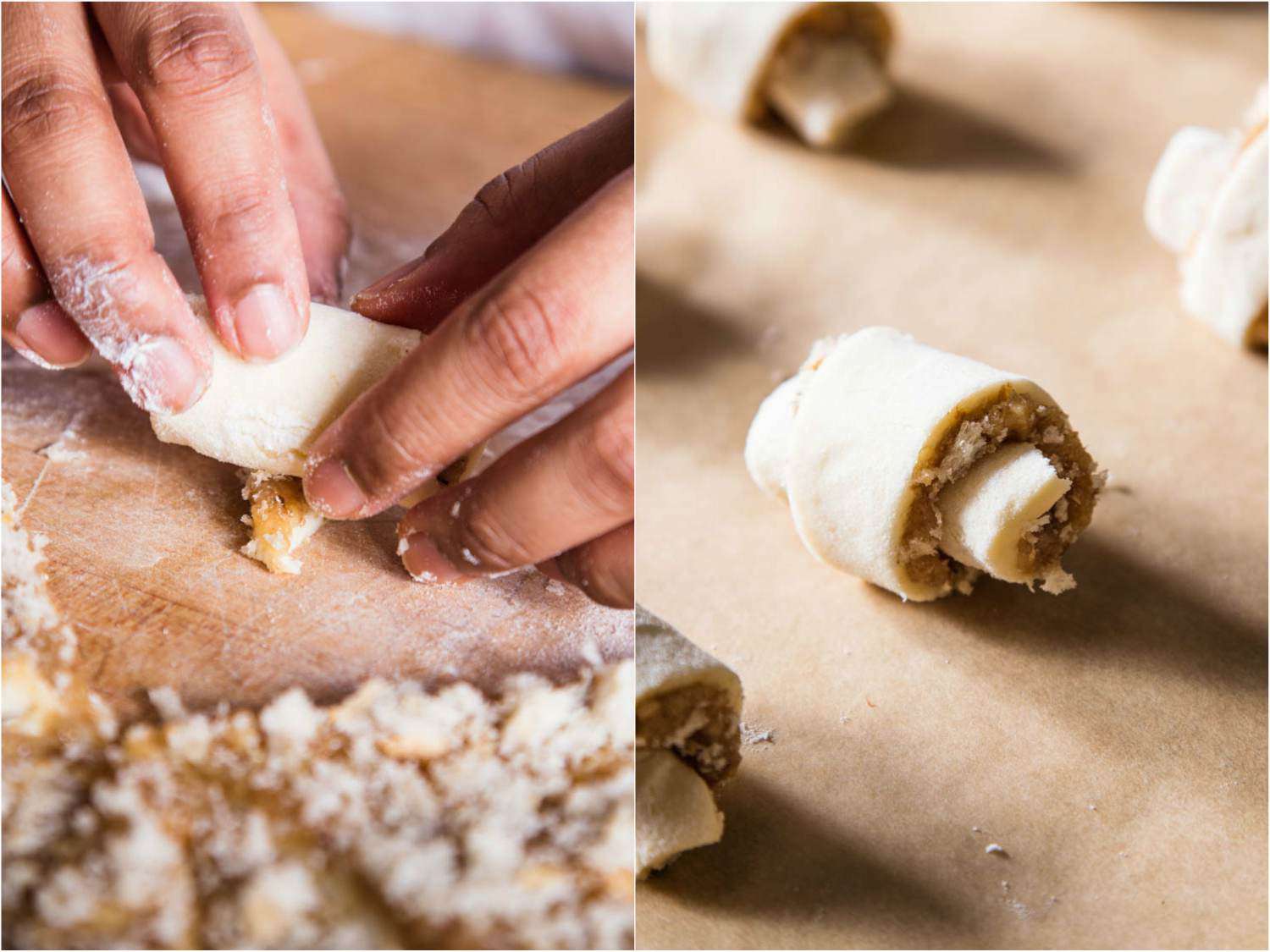 Collage showing triangles of the filling-topped rugelach dough being rolled into crescents.