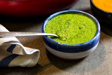 A small bowl of Italian salsa verde. 