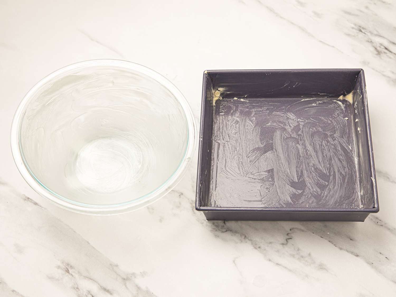 Overhead view of greased pan