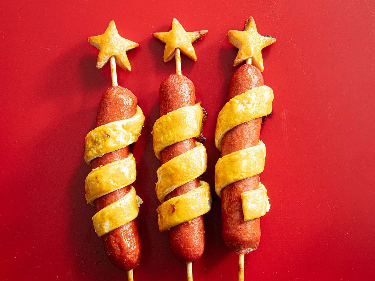 Overhead view of finished hot dogs