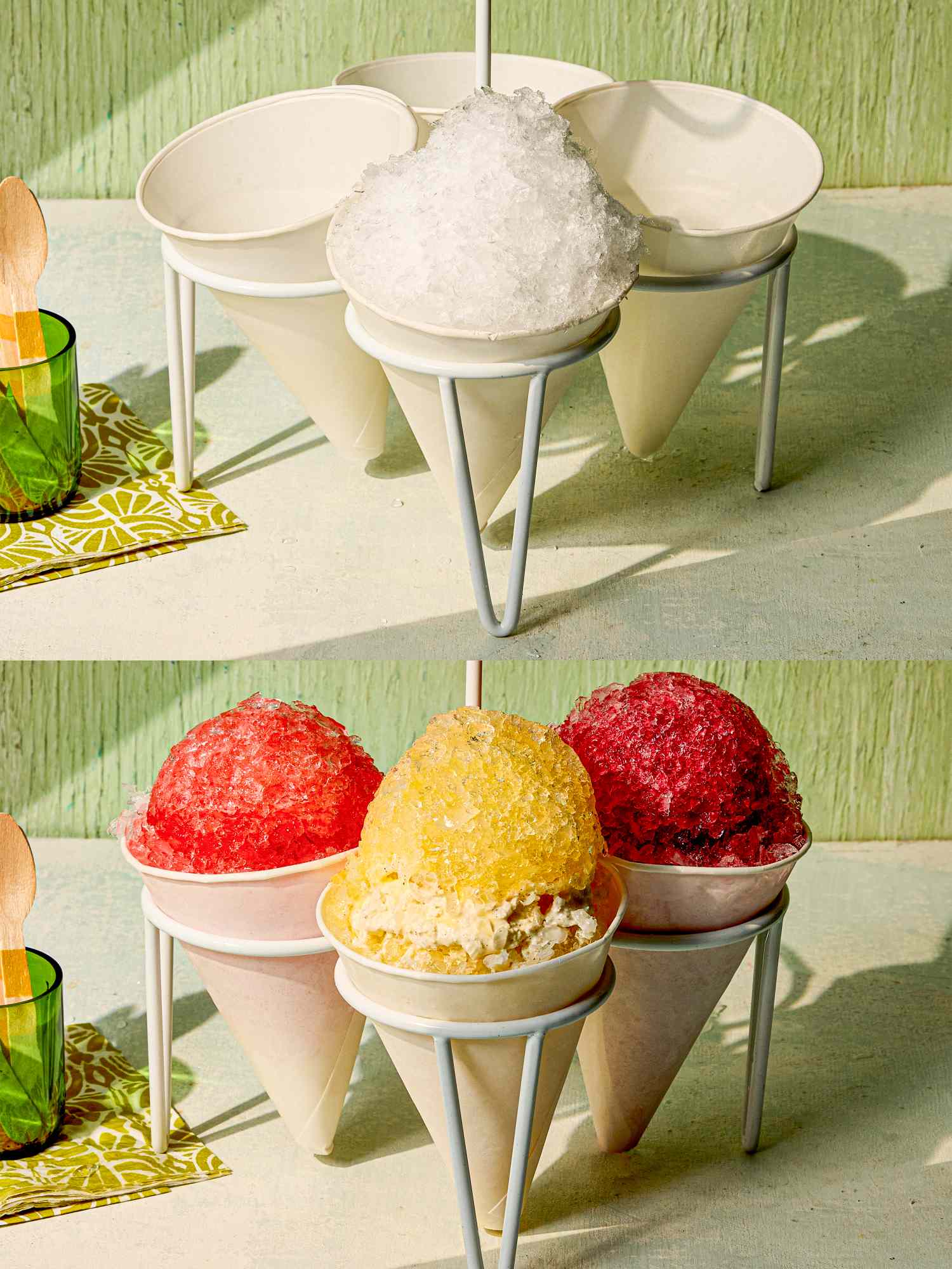 Snow cone desserts in holders plain ice on top and flavored versions below