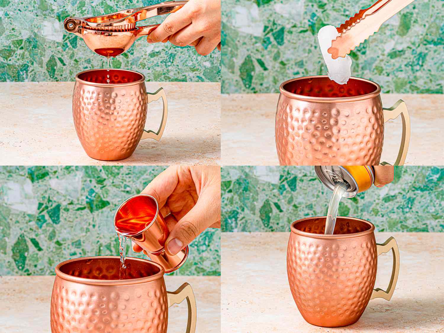 Four image collage of making a Moscow Mule in a copper cup